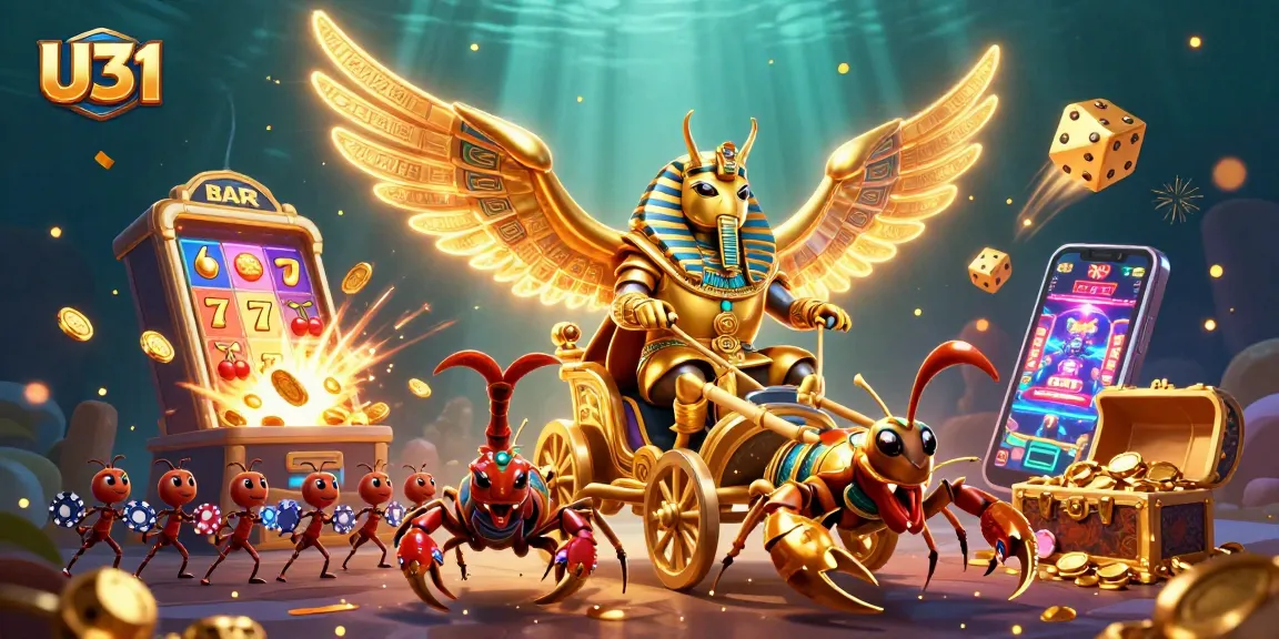 Experience thrilling gameplay at U31 with a vibrant scene featuring a colossal golden scarab beetle and explosive casino elements.
