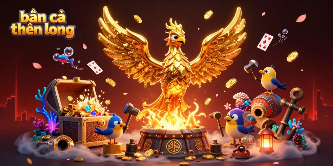 Bắn cá thần long scene with a golden phoenix and sparrow helpers amidst treasure and gaming elements.