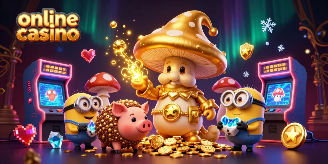 Engaging 3D illustration of an online casino featuring a golden mushroom wizard, pig familiar, and game machines.