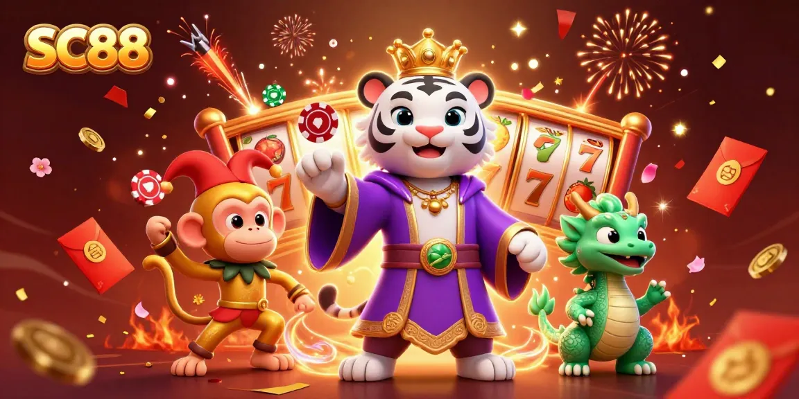 Win at SC88 with a lively scene showcasing a regal tiger, playful monkey, and dragon statue among vibrant casino elements.