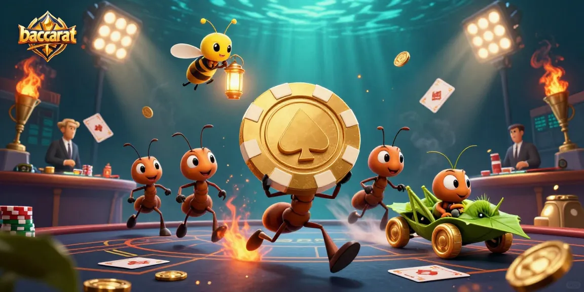 Baccarat excitement captured with ants carrying a giant poker chip, enhancing gaming thrills in a vibrant casino.