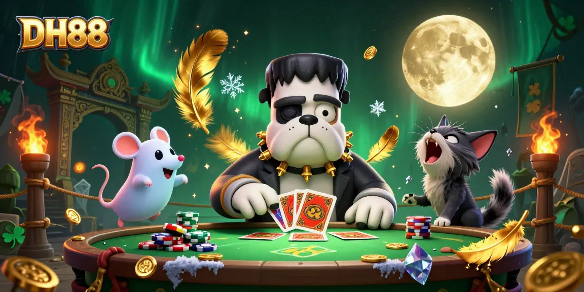 Experience thrilling card games with DH88's enchanting casino scene featuring unique characters and vibrant elements.