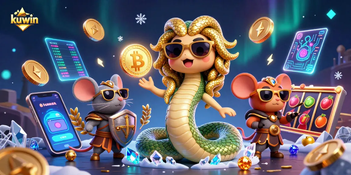 Kuwin players enjoying a lively 3D casino atmosphere with Medusa and a warrior mouse amidst bright slot gaming elements
