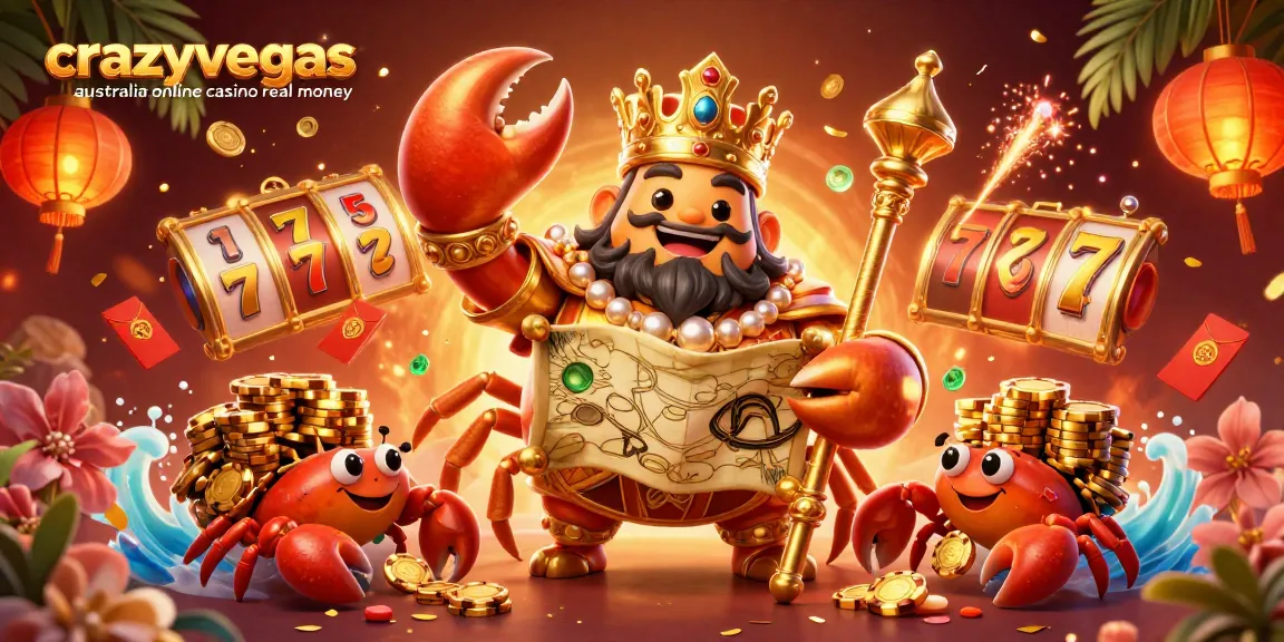 Experience the thrill of crazyvegas australia online casino real money, with a rich illustration featuring a golden crab emperor and vibrant slot game elements.