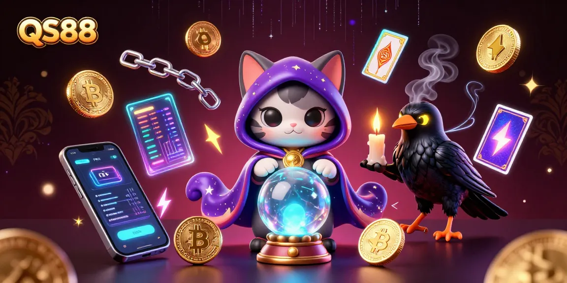 Engage with the mystical QS88, featuring a fortune teller and raven in a vibrant casino scene.