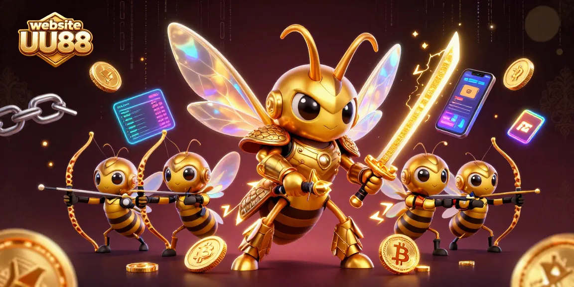 Experience excitement on the website UU88 with a vibrant illustration showcasing a dynamic casino scene infused with cryptocurrency.