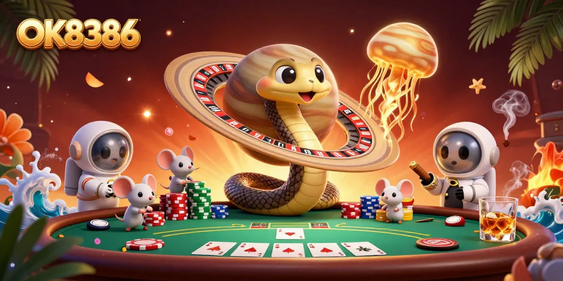 Experience the fun at OK8386 with a vibrant cosmic casino scene featuring gameplay and betting