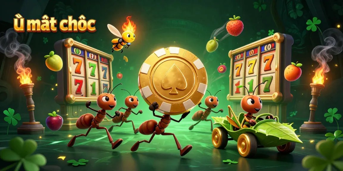 Experience the thrilling world of ù mạt chược with playful ants heisting a giant poker chip amid vivid casino elements.