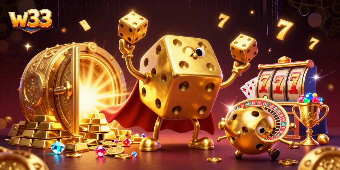 Engage with the w33 gaming experience featuring a golden dice golem amidst sparkling treasures.