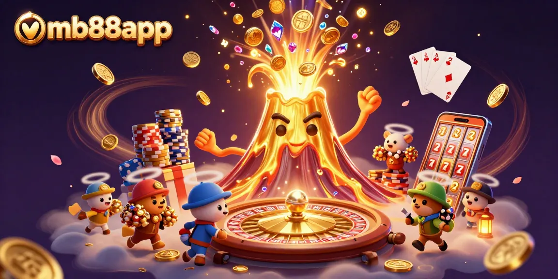Experience the excitement of mb88app as golden coins and gems swirl amidst a 3D casino scene.
