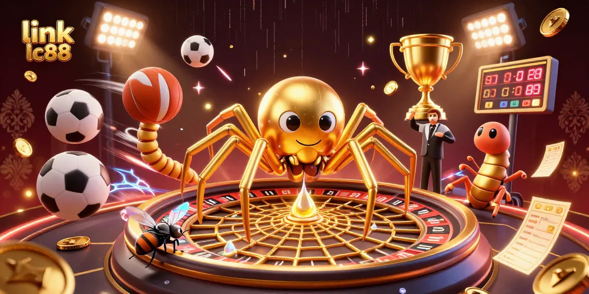 Experience the thrill at link lc88 with a golden spider spinning bets in a vibrant casino scene.