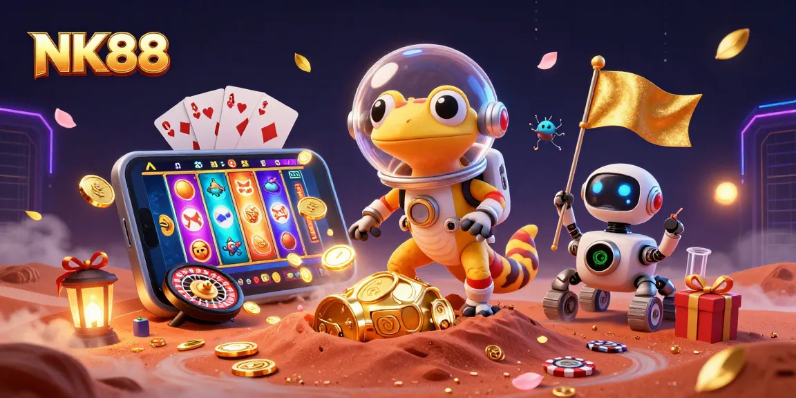 NK88 Martian gecko exploring a vibrant casino with animated slot games and gold coins