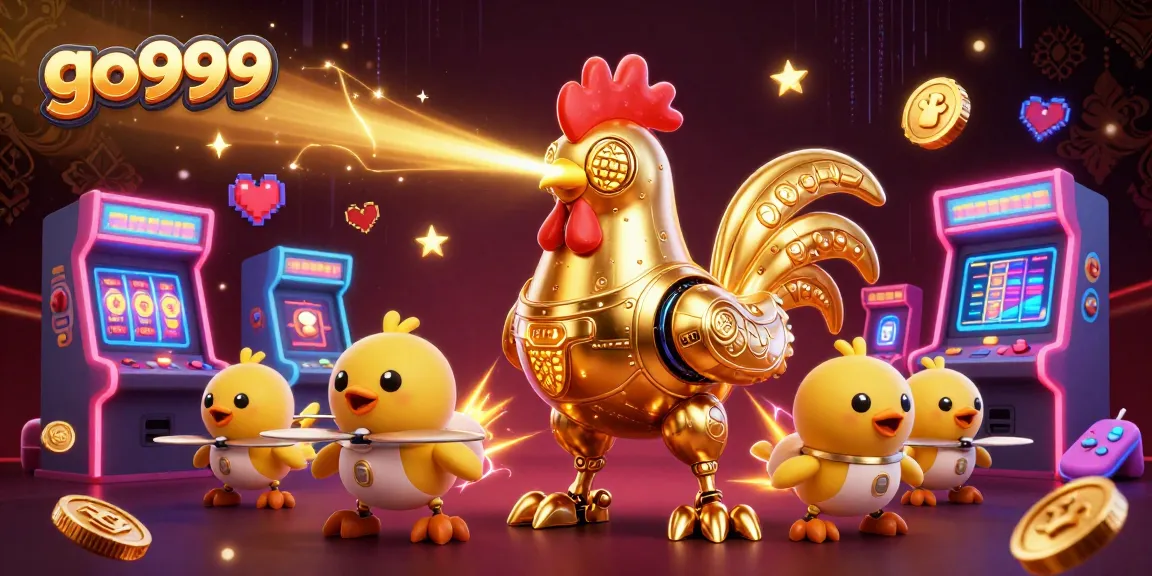 Experience thrilling action at go999 with a golden rooster robot and its chick drones in an exciting casino atmosphere.