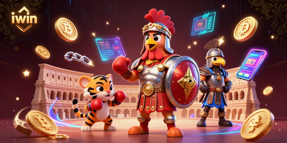 Engage with iwin's immersive gaming world featuring interactive gladiator rooster and crypto elements.