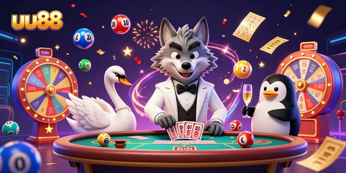 uu88 table games featuring a debonair wolf, elegant swan, and penguin sommelier presenting exciting gaming options.