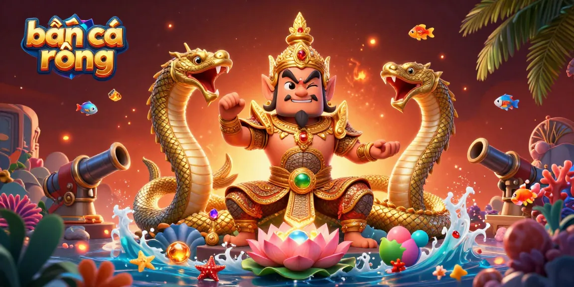 Win big with bắn cá rồng as a Thai temple guardian and sea creatures create a vibrant gaming scene.
