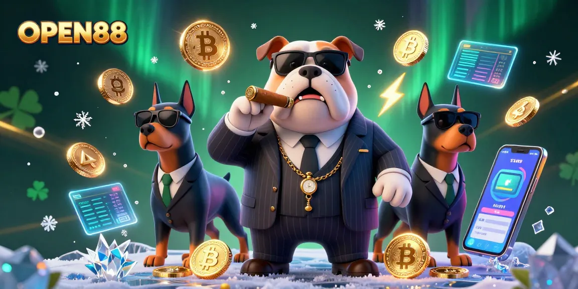 Experience the thrilling excitement of OPEN88 with casino games and cryptocurrency elements in a vibrant 3D scene.