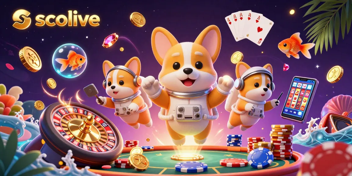 Socolive showcases a corgi astronaut in a space casino, spinning roulette, poker chips, and gold coins.