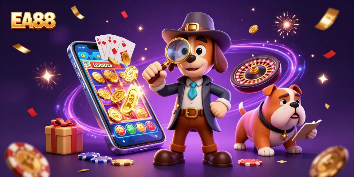 Engage with EA88's thrilling gaming experience as characters uncover treasure clues in a vibrant casino setting.