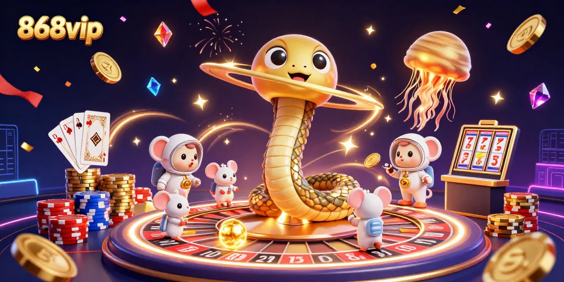 Engaging scene of 868vip's roulette wheel with a Saturn snake and astronaut mice betting, featuring golden coins and floating elements.