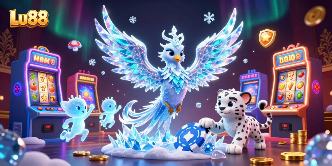 Win big with Lu88 at a vibrant casino scene featuring an ice phoenix and colorful slot machines