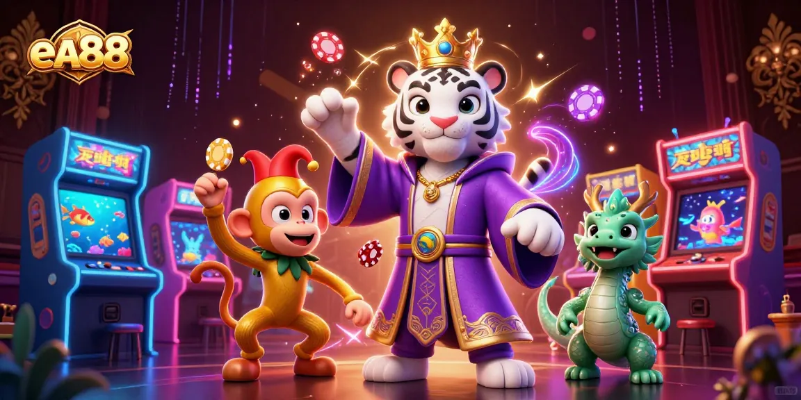 Experience thrilling fishing games at ea88 with a lively scene featuring a tiger, monkey, and dragon.