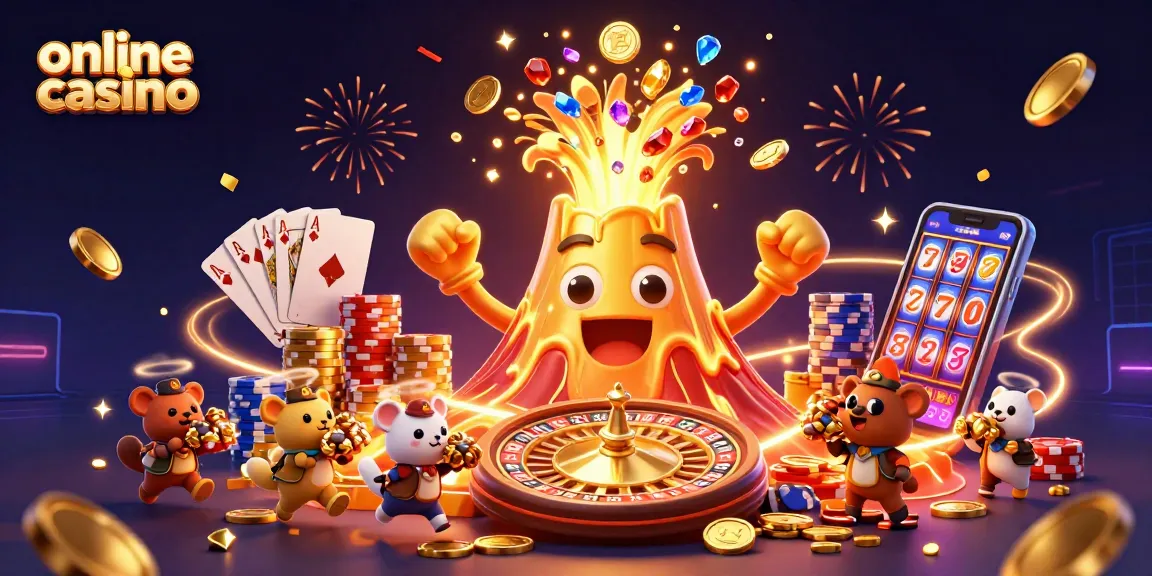 Experience the excitement of an online casino with a 3D illustration featuring treasures and vibrant game elements.