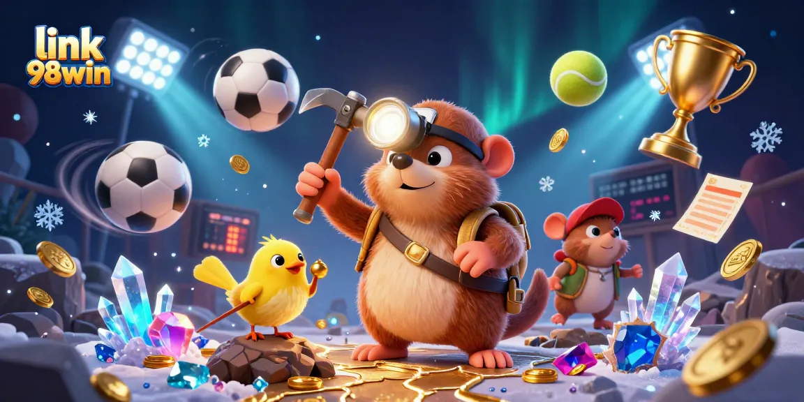 Experience excitement with link 98win as the treasure hunter mole discovers gems amidst dynamic sports elements.