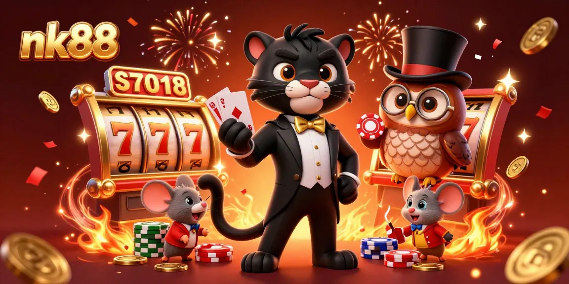 Engaging nk88 casino scene with a stylish panther dealing cards and vibrant gaming elements.
