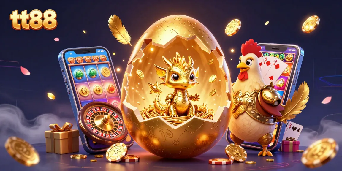 Win big with tt88 as a golden dragon emerges from a poker chip nest, embodying exciting online gaming.