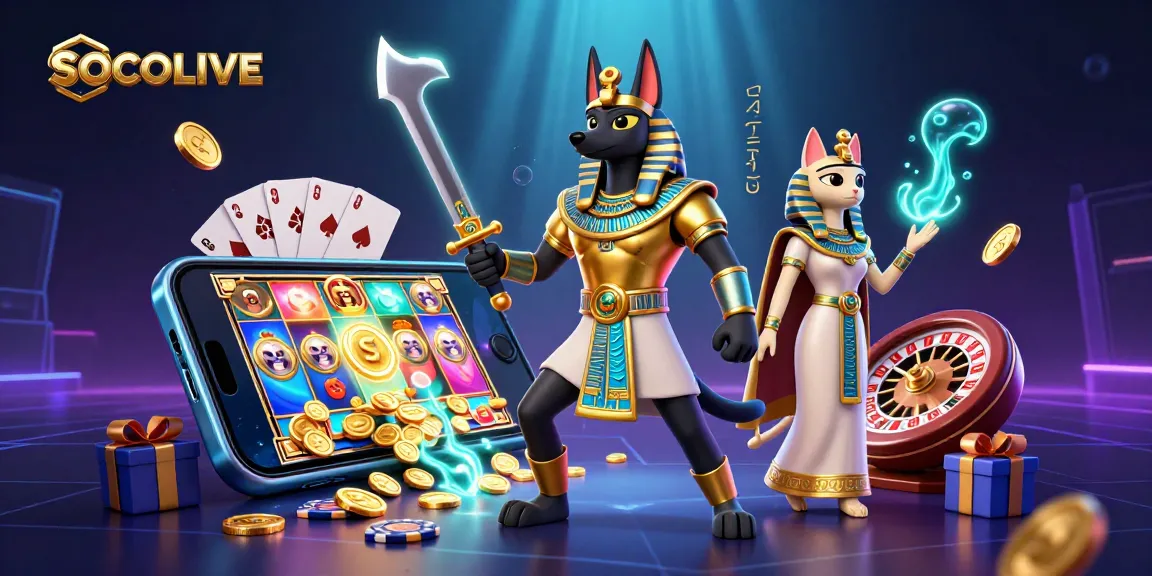 SOCOLIVE entertainment scene with Anubis warrior and Bastet amidst dynamic gambling elements