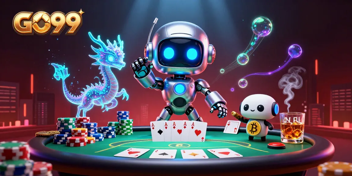 Join the excitement at GO99 with a dynamic 3D illustration of cyberpunk characters at a vibrant poker table.