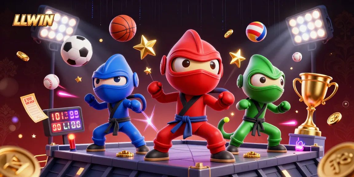 LLWIN showcases a dynamic team of chameleon ninjas performing martial arts surrounded by sports elements.