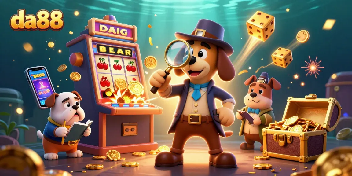 Discover the thrilling world of da88 with a detective and his bulldog uncovering jackpot treasures in this vibrant casino scene.