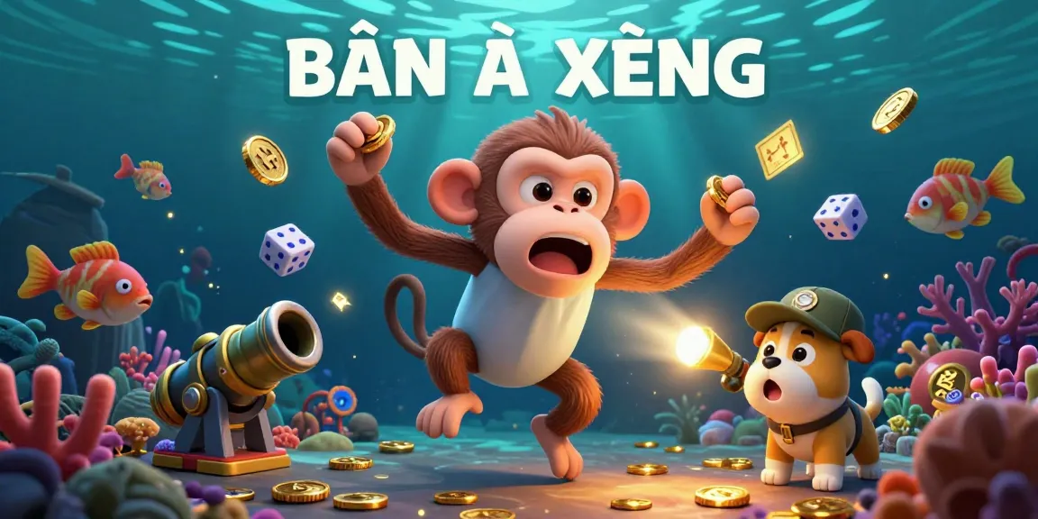 Win big with bắn cá xèng in this vibrant underwater scene featuring a mischievous monkey and a curious puppy.