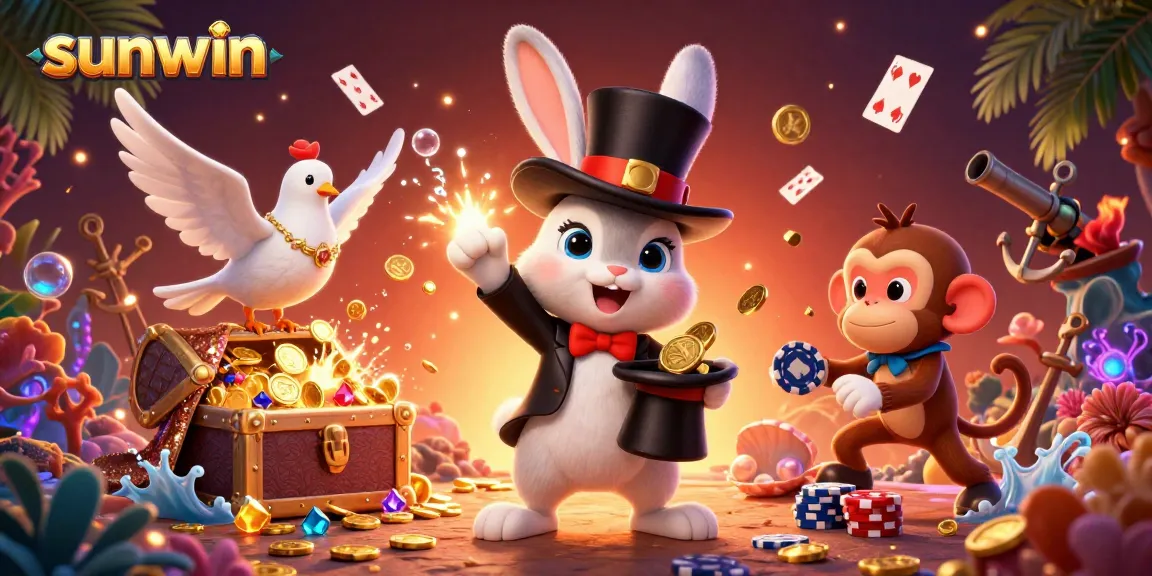 Experience sunwin excitement with a magician rabbit pulling gold coins and playful characters in a vibrant casino setting.