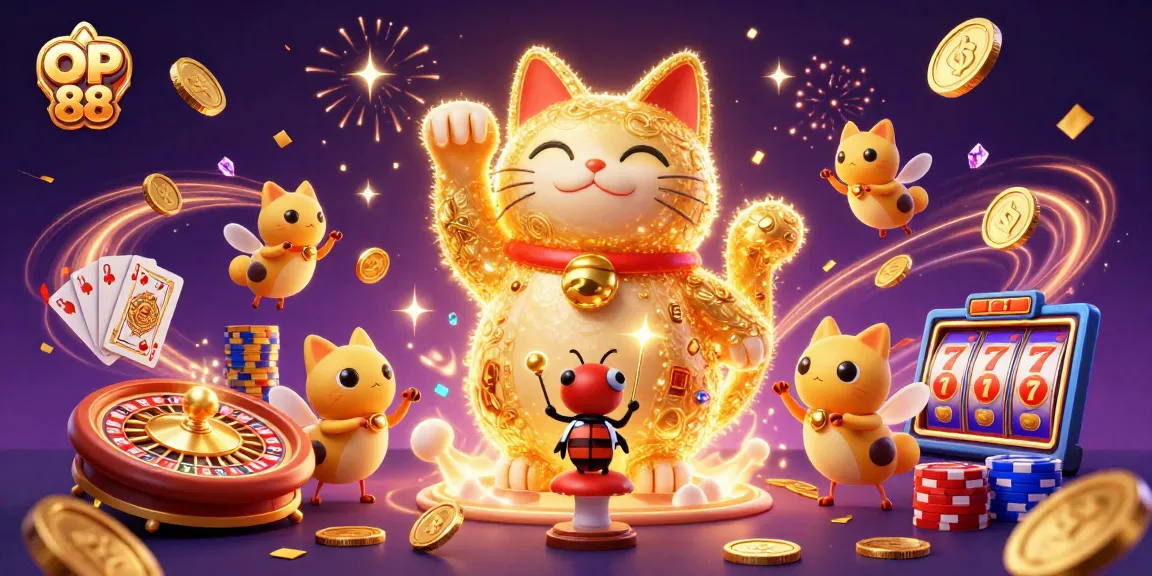 Spin the luck with OP 88's enchanting scene of a golden lucky cat and dynamic casino elements.