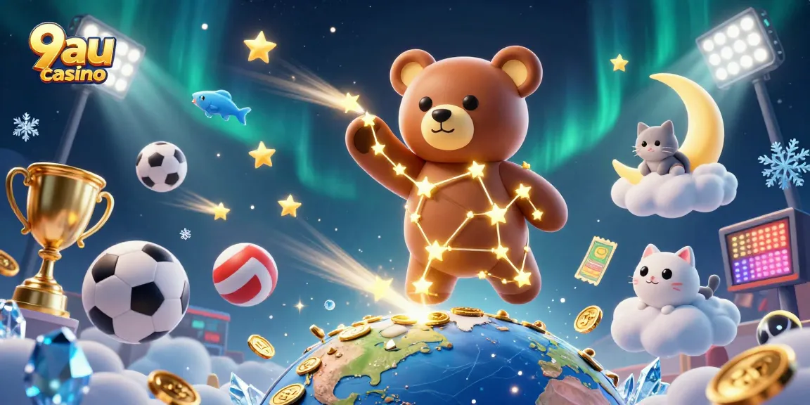 Bet on thrilling games at 9au casino featuring a vibrant night sky scene with dynamic characters and sports elements.