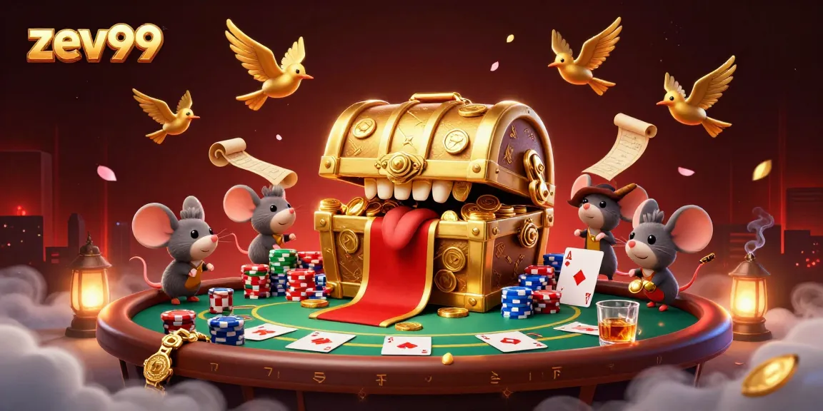 Join the excitement at zev99 with vibrant poker scenes and shimmering treasures in a lively casino atmosphere.