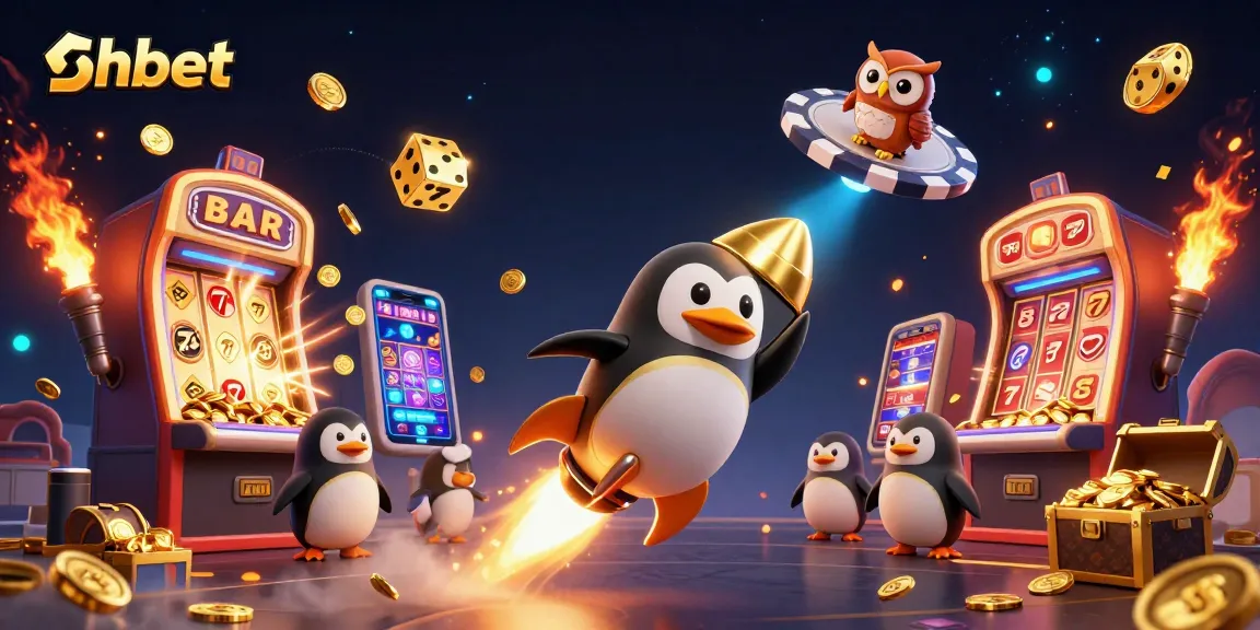 Experience dynamic gaming with the shbet penguin as it blasts through casino space, highlighted by vibrant animations.
