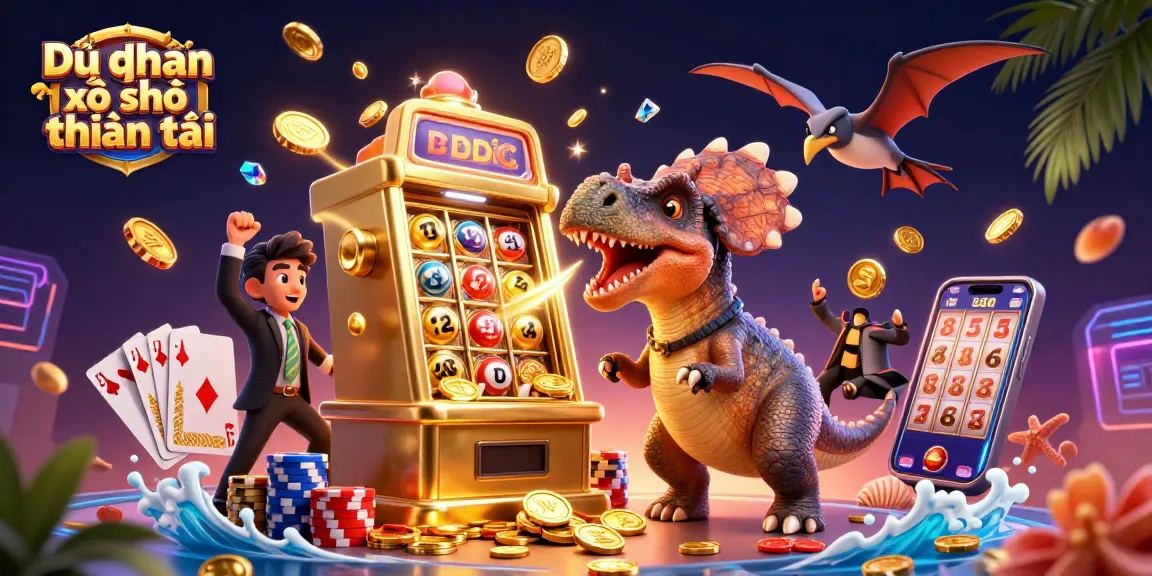 Dự đoán xổ số thần tài reveals winning lottery numbers surrounded by dazzling coins and playful characters.