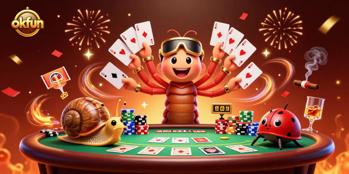 Experience excitement at okfun with a lively 3D casino scene featuring unique characters and game elements.