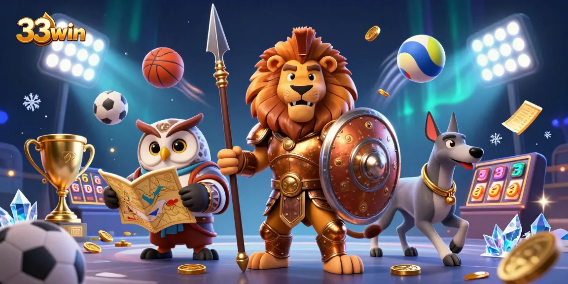 Engage in exciting bets at 33win with a vibrant 3D casino scene featuring dynamic characters and sports elements.