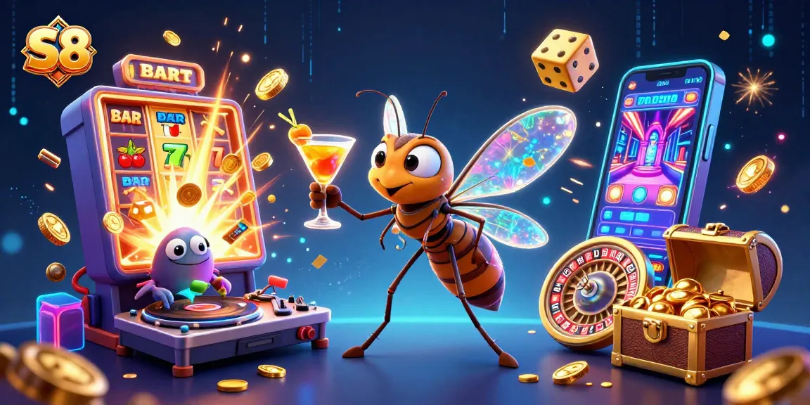Win big with S8's casino adventure featuring a lucky frozen mosquito mascot amidst spinning roulette and jackpots.
